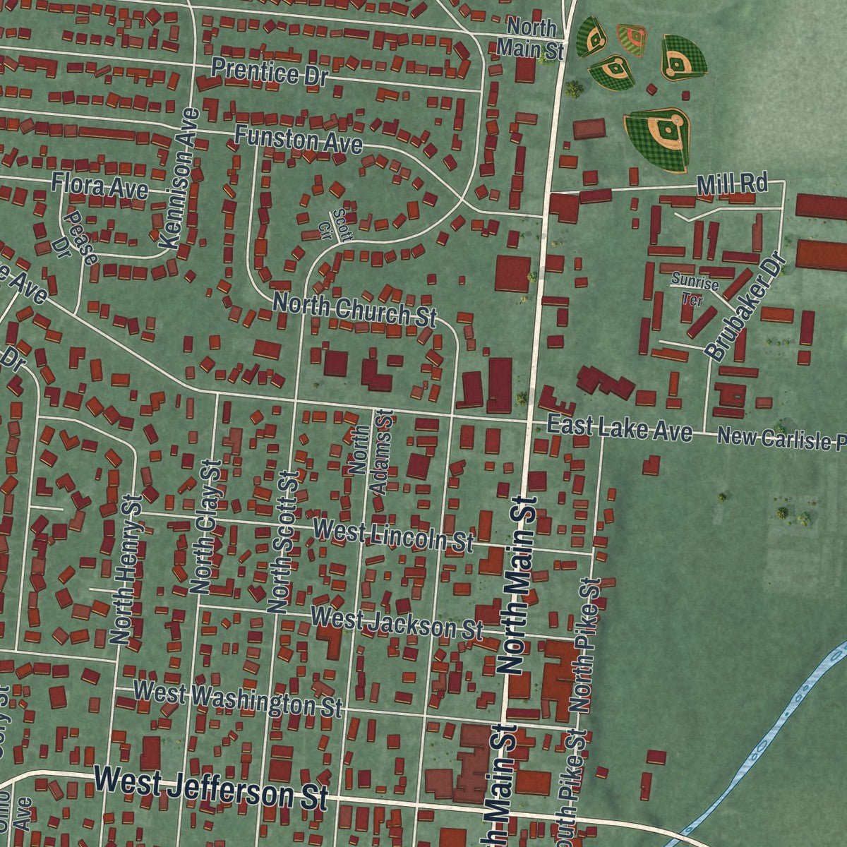 Close-up of the map of New Carlisle, Ohio print showing street and building detail