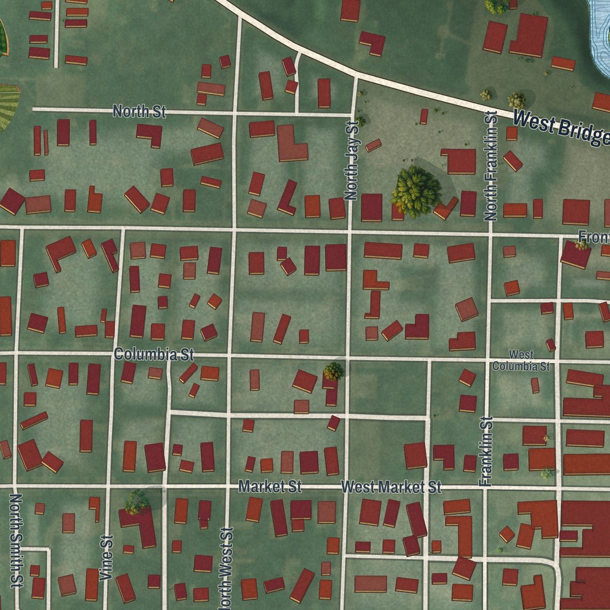 Close-up of the map of Rockford, Ohio print showing street and building detail