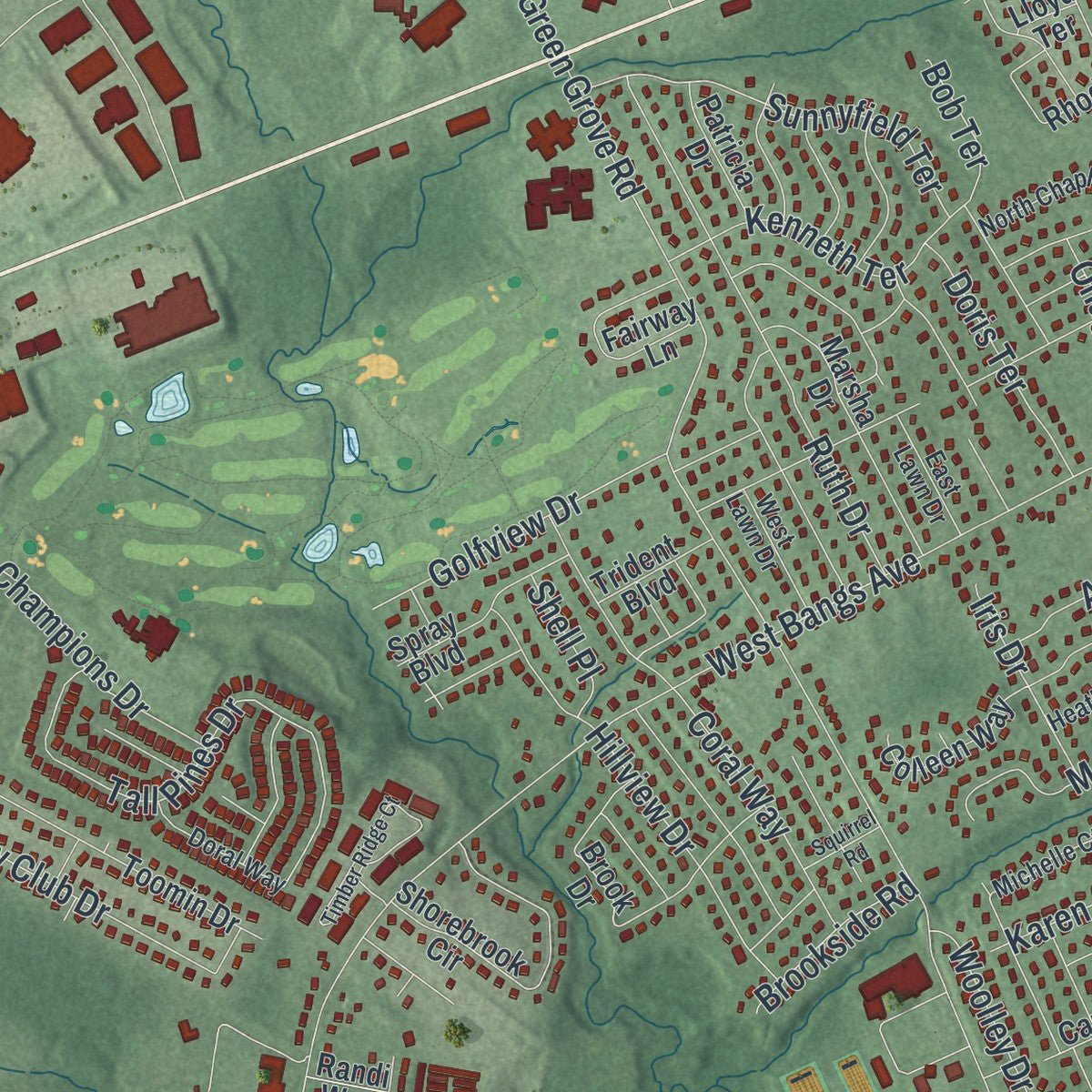 Close-up of the map of Neptune, New Jersey print showing street and building detail