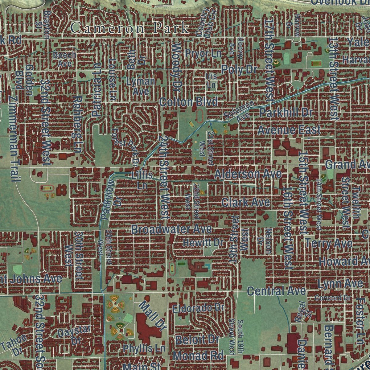Close-up of the map of Billings, Montana print showing street and building detail
