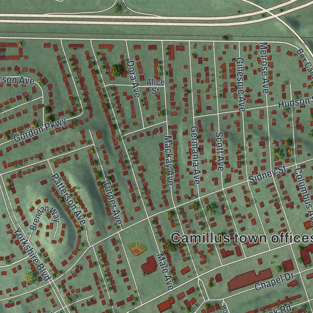 Close-up of the map of Fairmount, New York print showing street and building detail