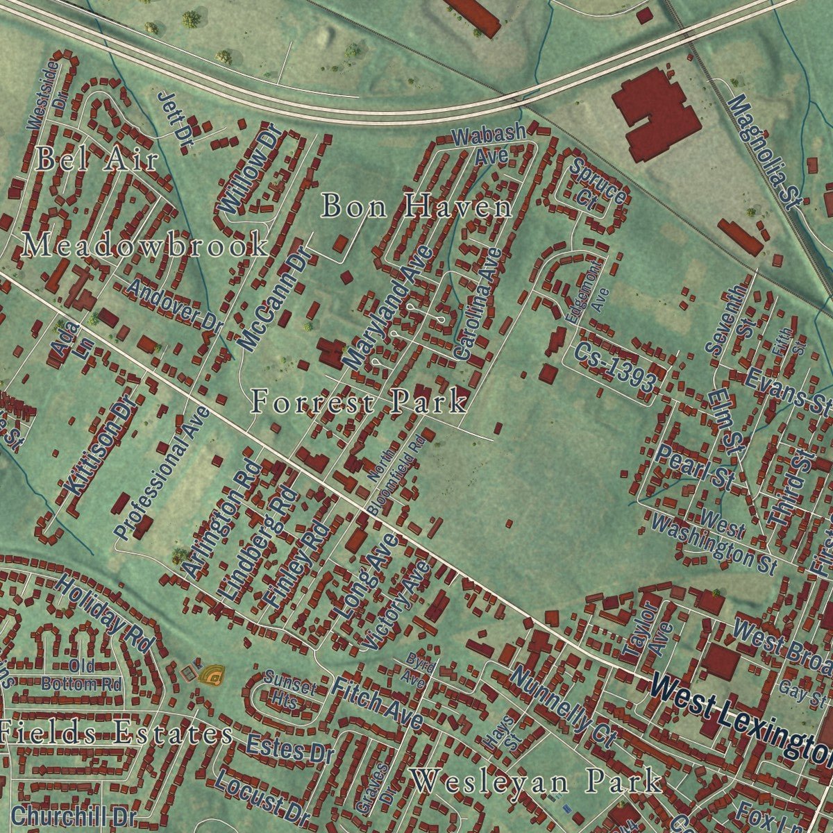 Close-up of the map of Winchester, Kentucky print showing street and building detail