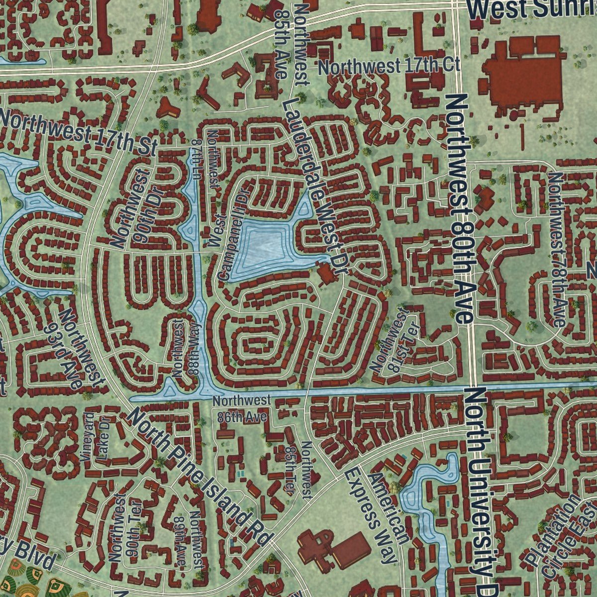Close-up of the map of Plantation, Florida print showing street and building detail