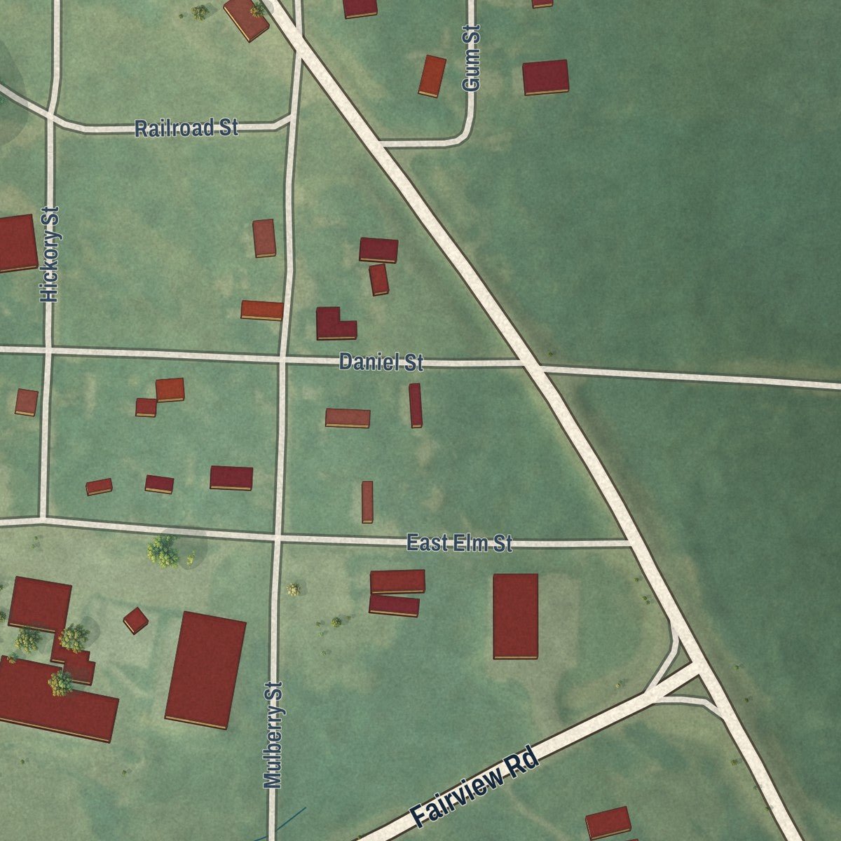 Close-up of the map of Fountain Hill, Arkansas print showing street and building detail