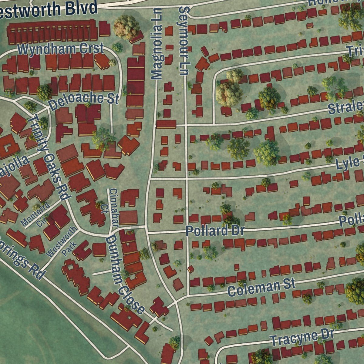Close-up of the map of Westworth Village, Texas print showing street and building detail