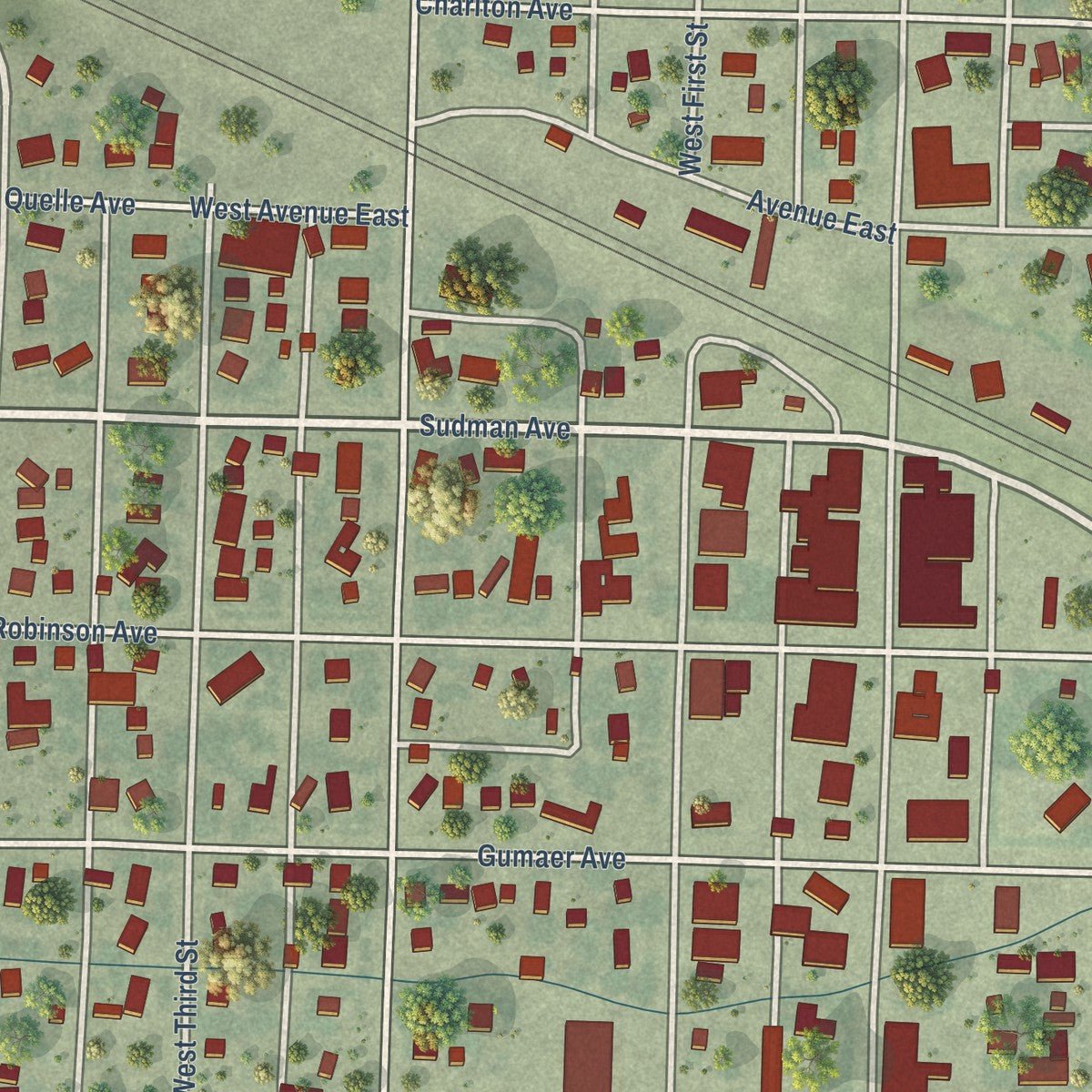 Close-up of the map of Oshkosh, Nebraska print showing street and building detail