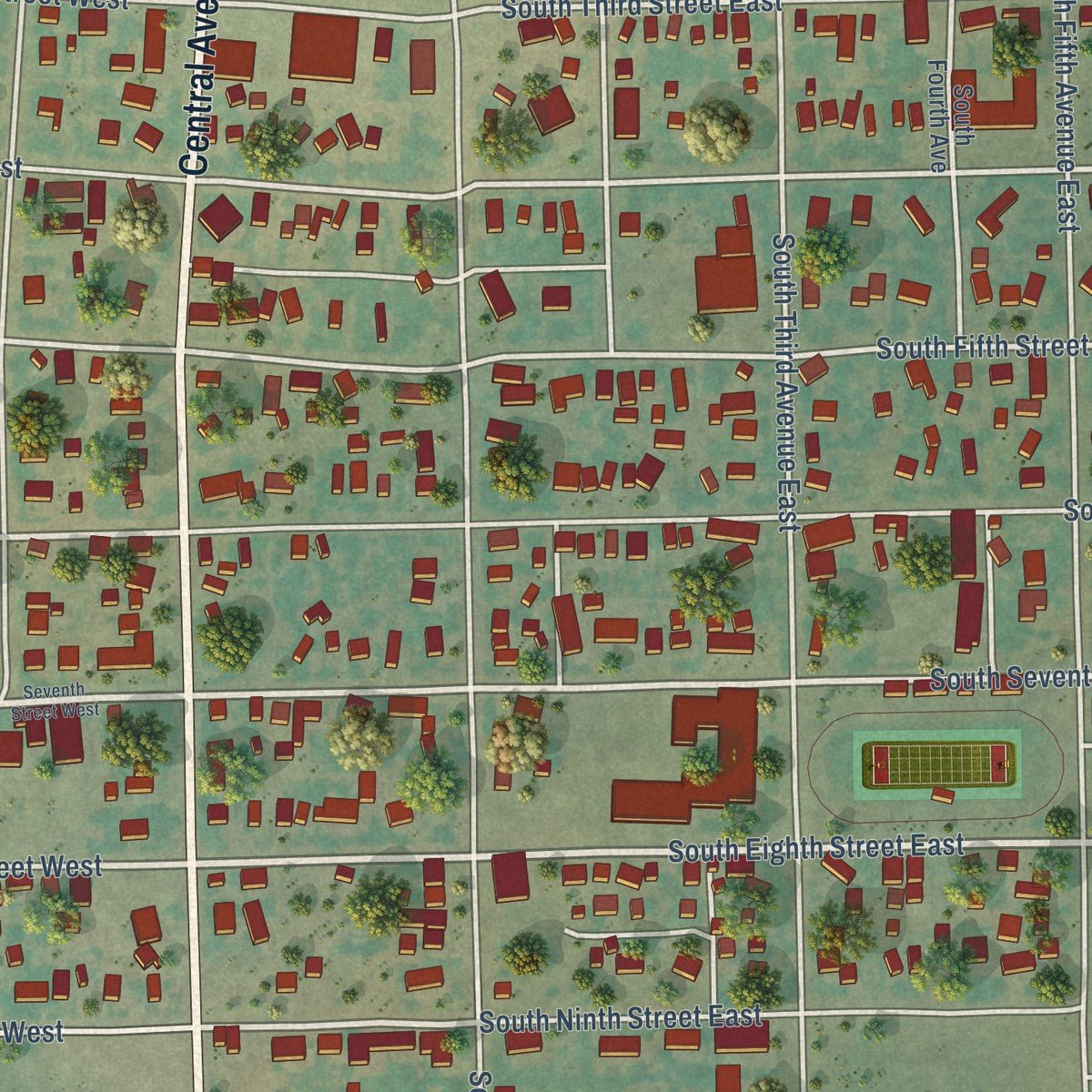 Close-up of the map of Malta, Montana print showing street and building detail