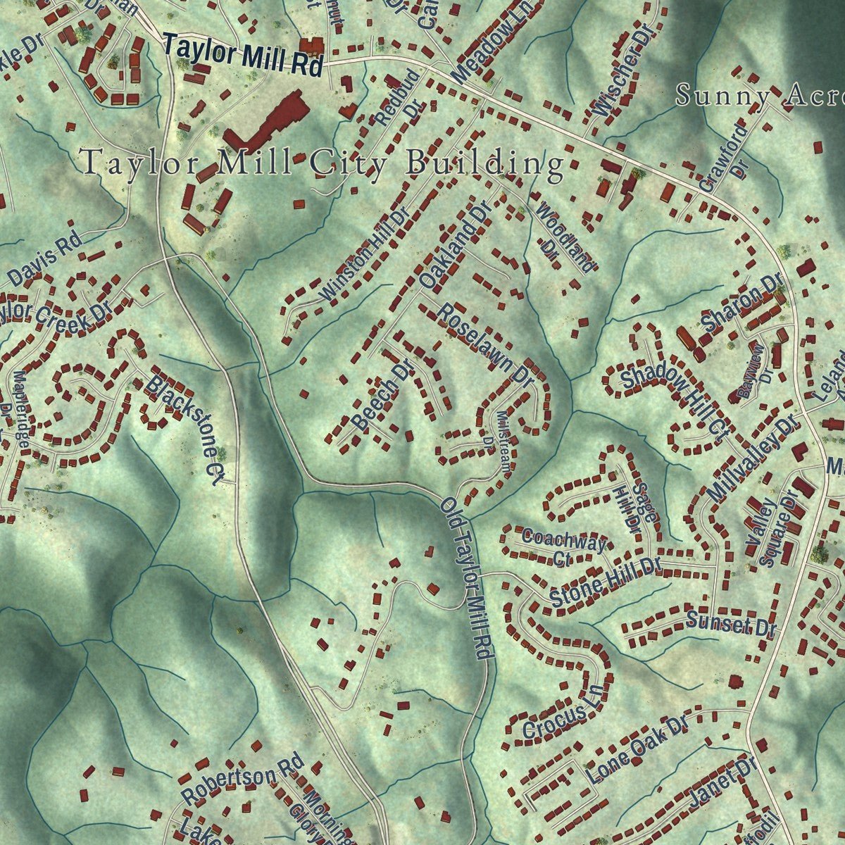 Close-up of the map of Taylor Mill, Kentucky print showing street and building detail