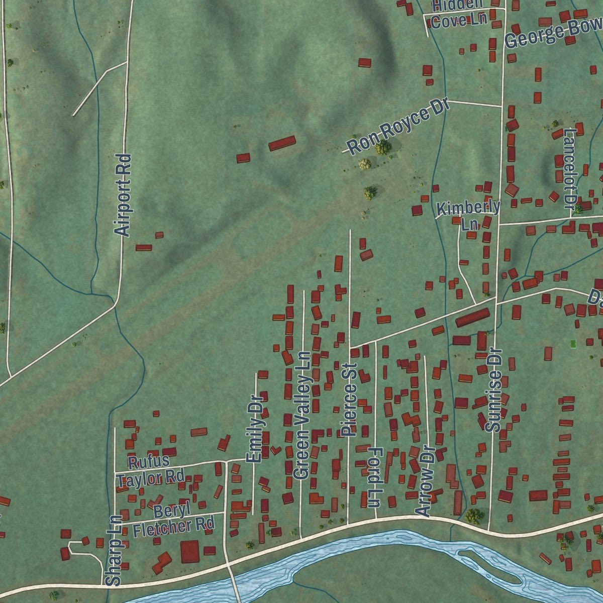 Close-up of the map of Hunter, Tennessee print showing street and building detail