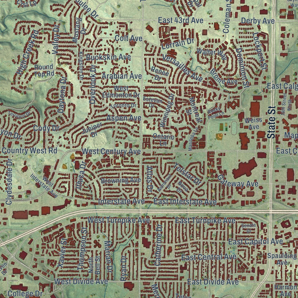 Close-up of the map of Bismarck, North Dakota print showing street and building detail