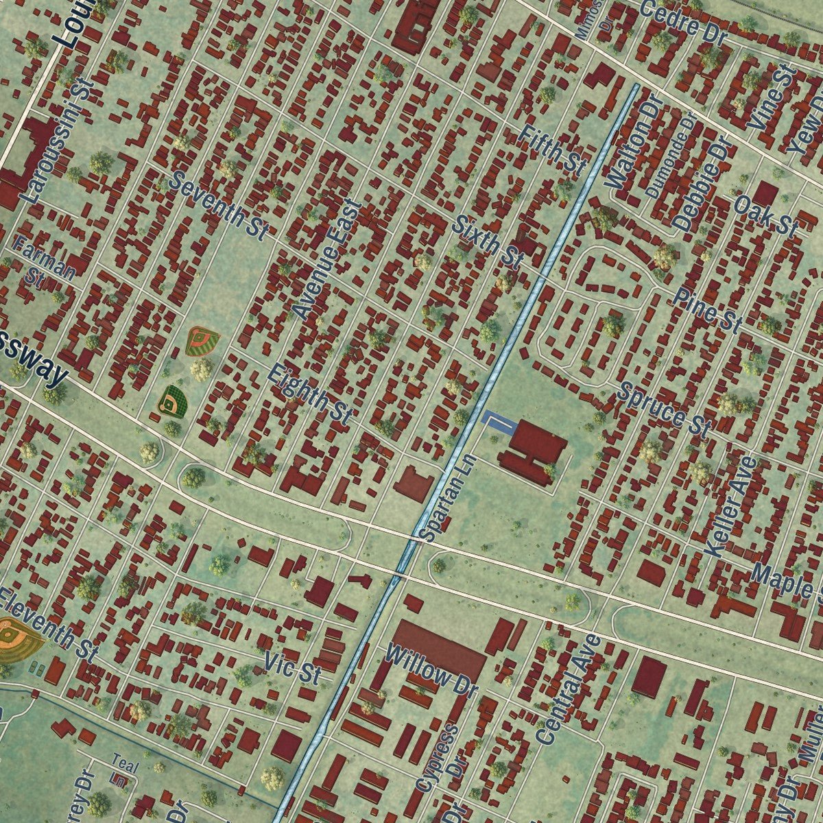Close-up of the map of Westwego, Louisiana print showing street and building detail