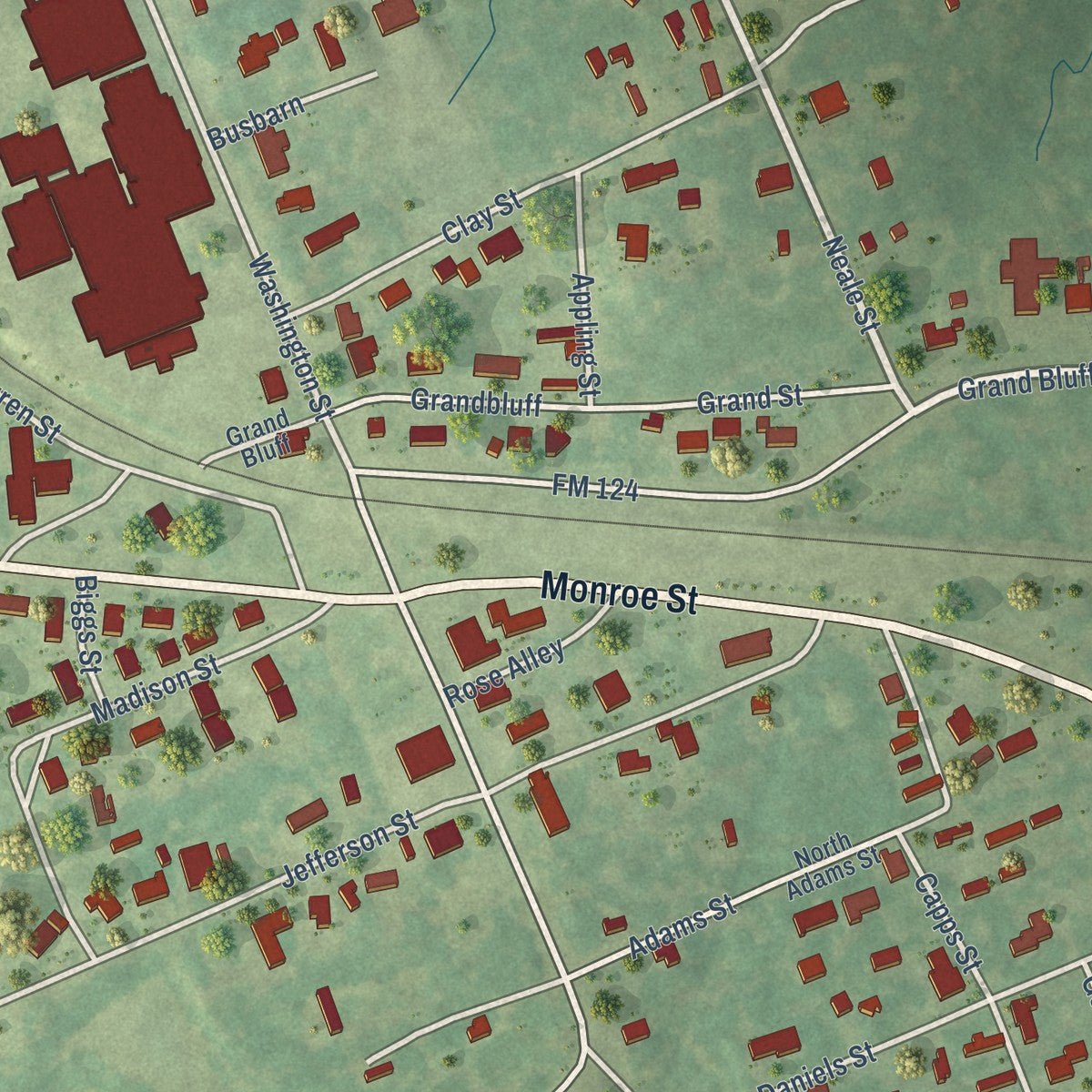 Close-up of the map of Beckville, Texas print showing street and building detail