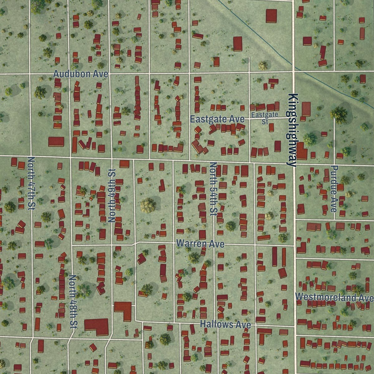 Close-up of the map of Washington Park, Illinois print showing street and building detail