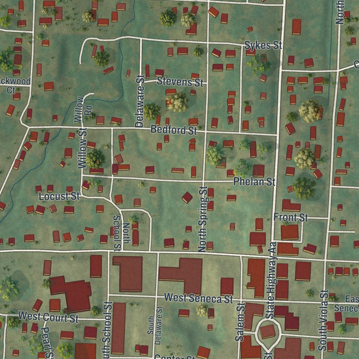 Close-up of the map of Bloomfield, Missouri print showing street and building detail
