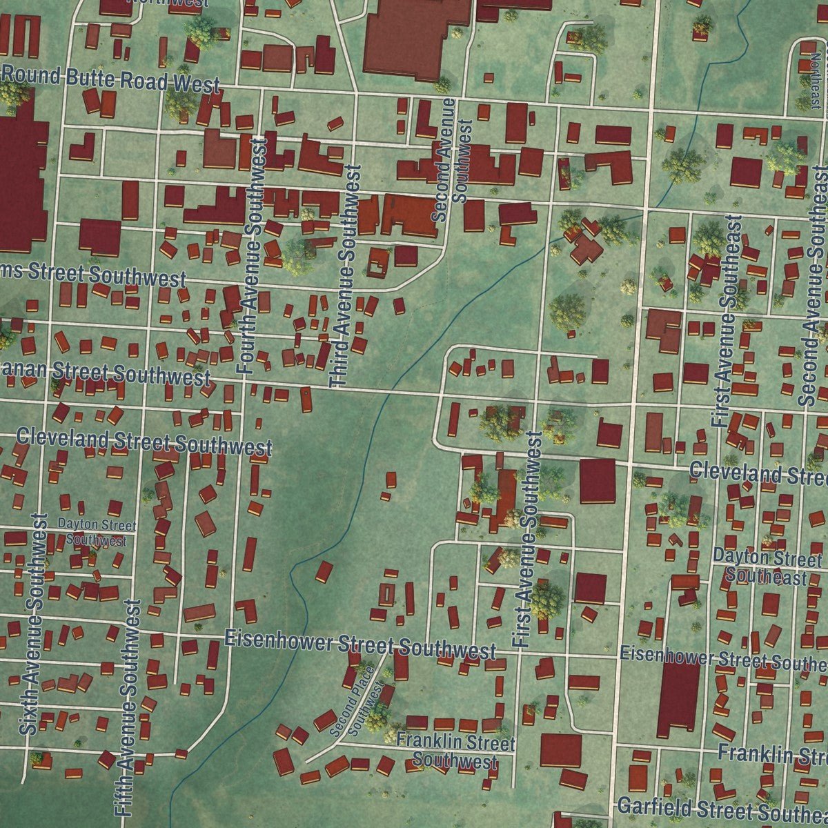 Close-up of the map of Ronan, Montana print showing street and building detail