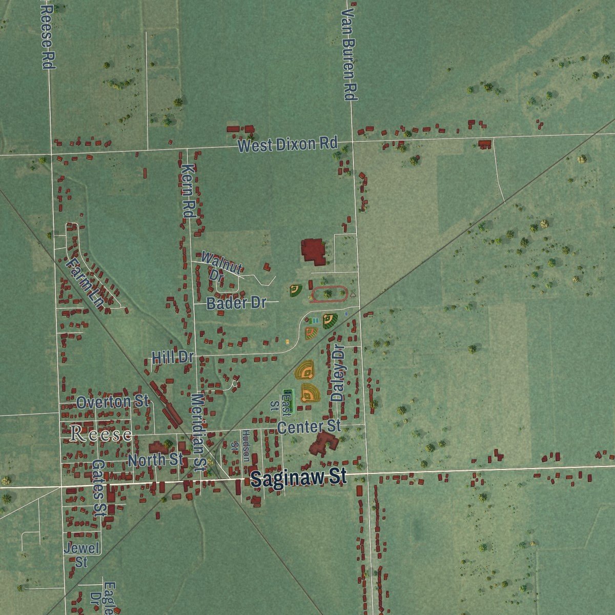 Close-up of the map of Denmark, Michigan print showing street and building detail