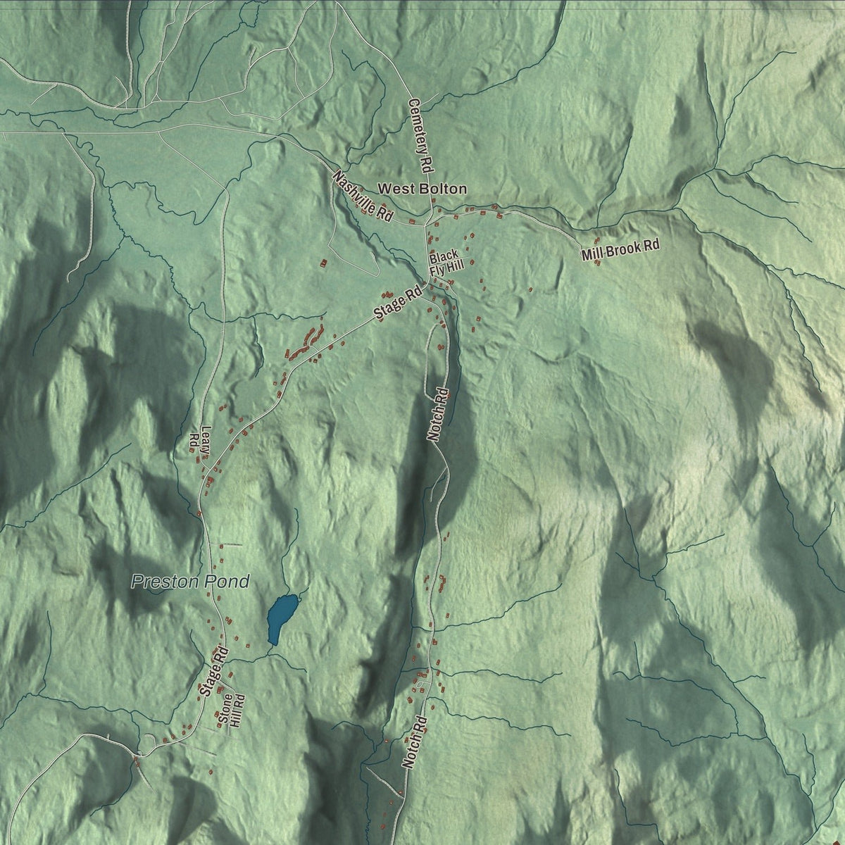 Close-up of the map of Bolton, Vermont print showing streets and neighborhoods