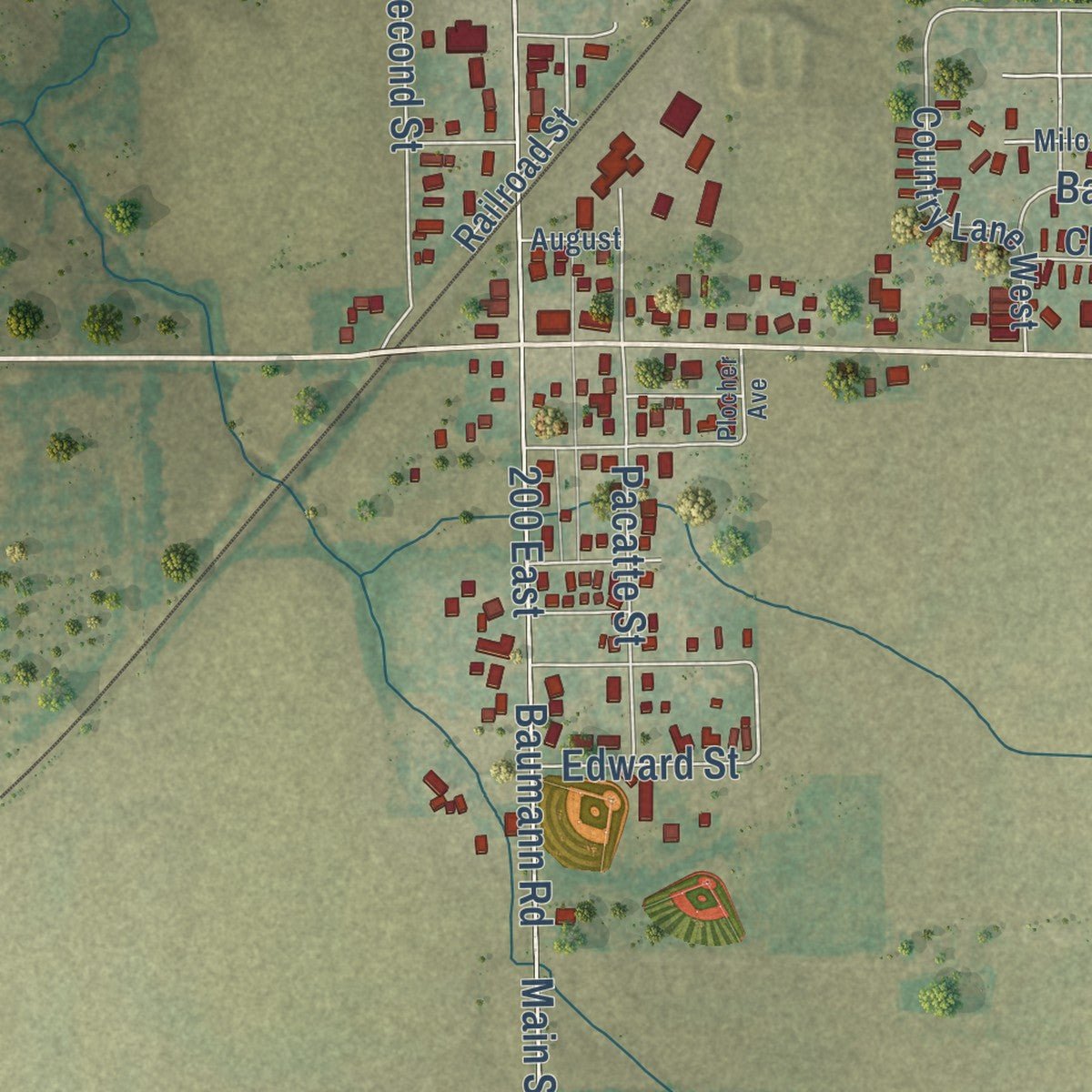 Close-up of the map of Pierron, Illinois print showing street and building detail