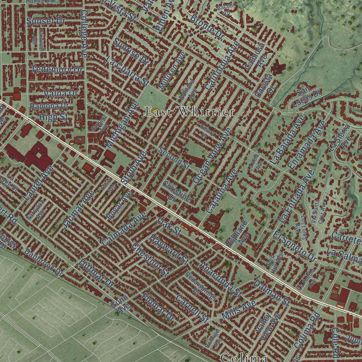 Close-up of the map of Whittier, California print showing street and building detail
