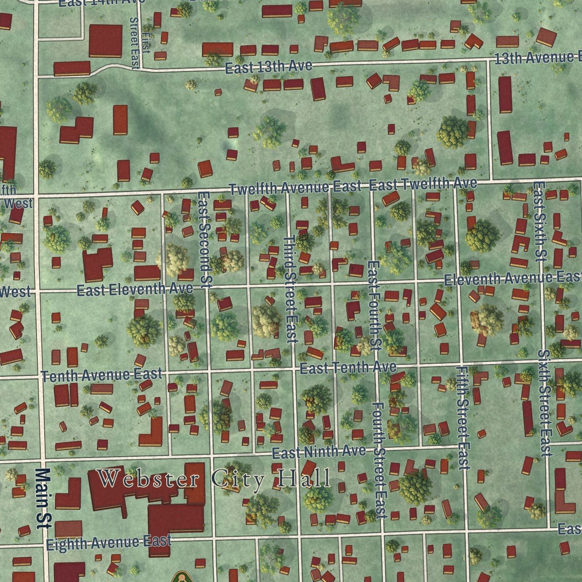 Close-up of the map of Webster, South Dakota print showing street and building detail