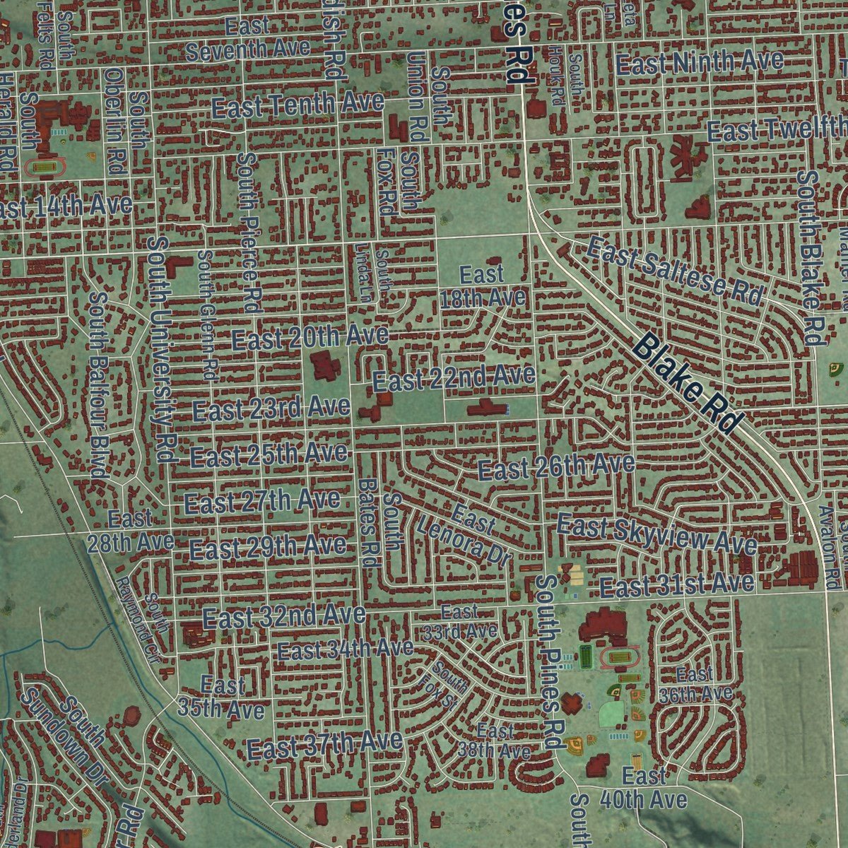 Close-up of the map of Spokane Valley, Washington print showing street and building detail