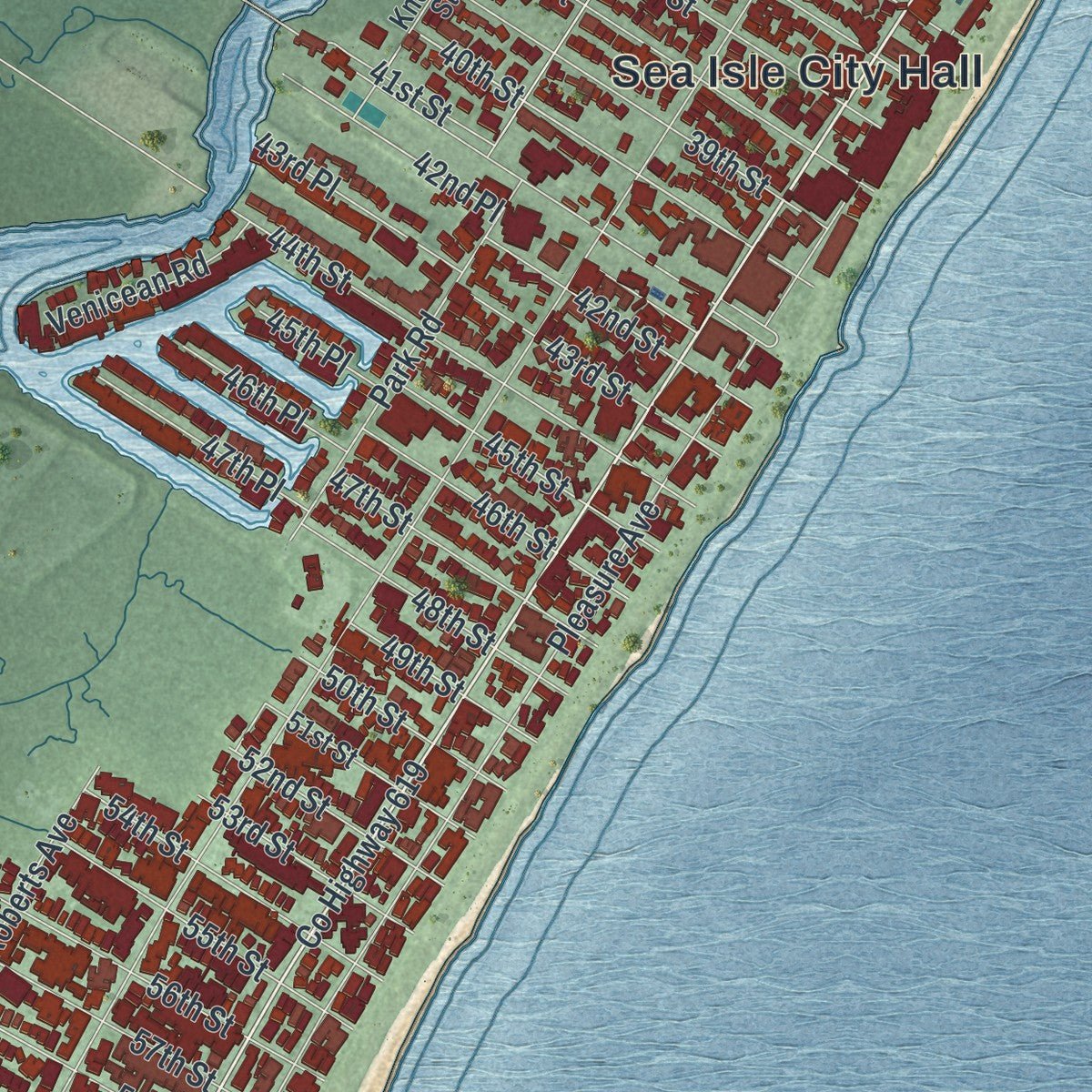 Close-up of the map of Sea Isle City, New Jersey print showing street and building detail
