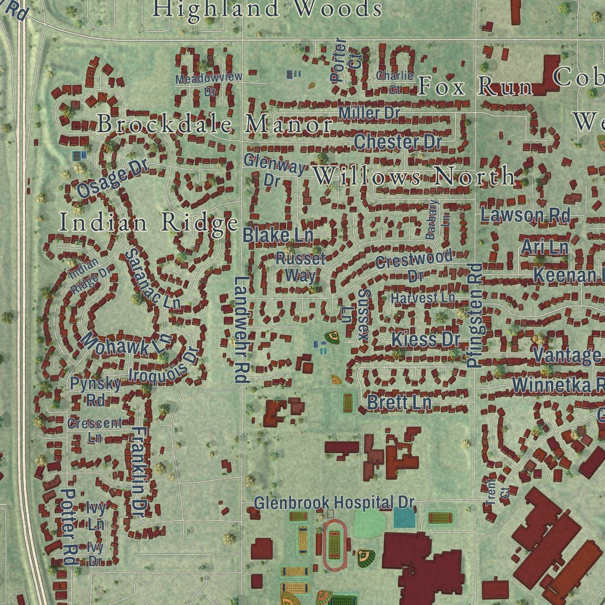 Close-up of the map of Glenview, Illinois print showing street and building detail