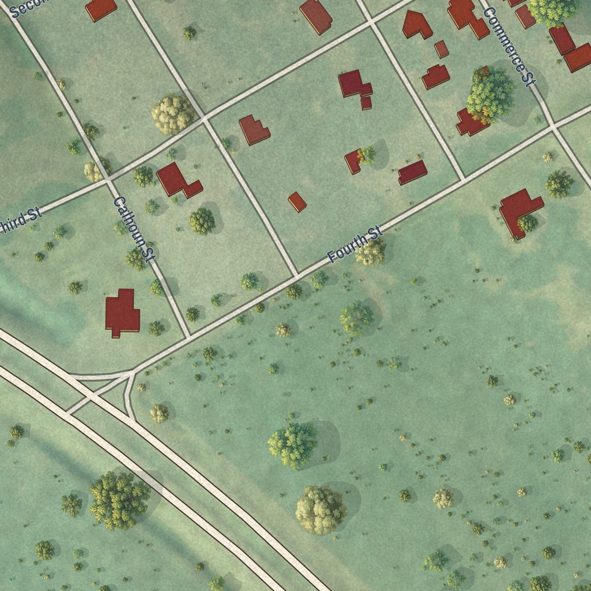 Close-up of the map of Benton, Alabama print showing street and building detail