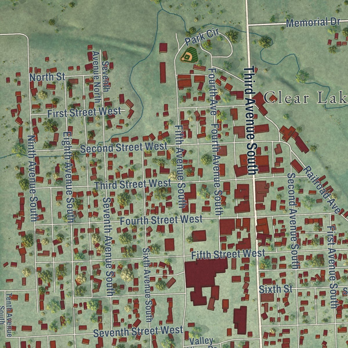 Close-up of the map of Clear Lake, South Dakota print showing street and building detail
