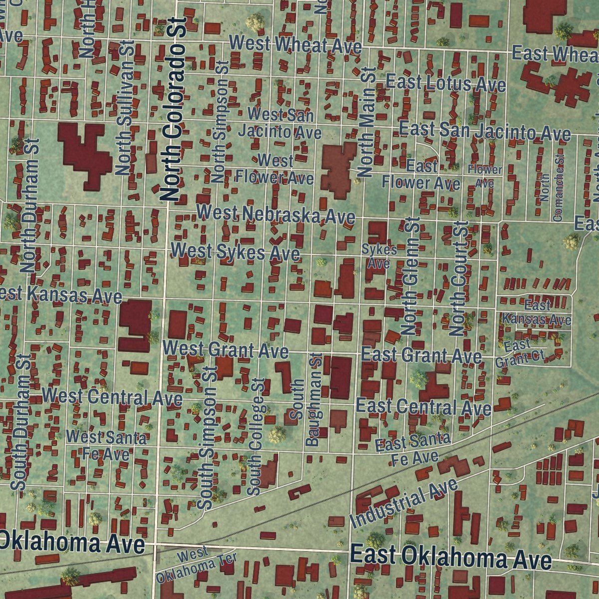 Close-up of the map of Ulysses, Kansas print showing street and building detail