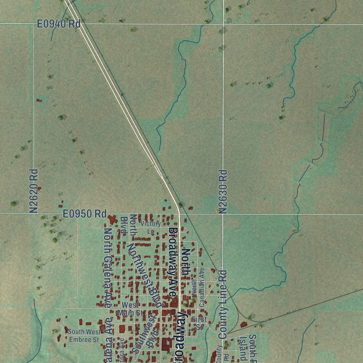 Close-up of the map of Geary, Oklahoma print showing street and building detail