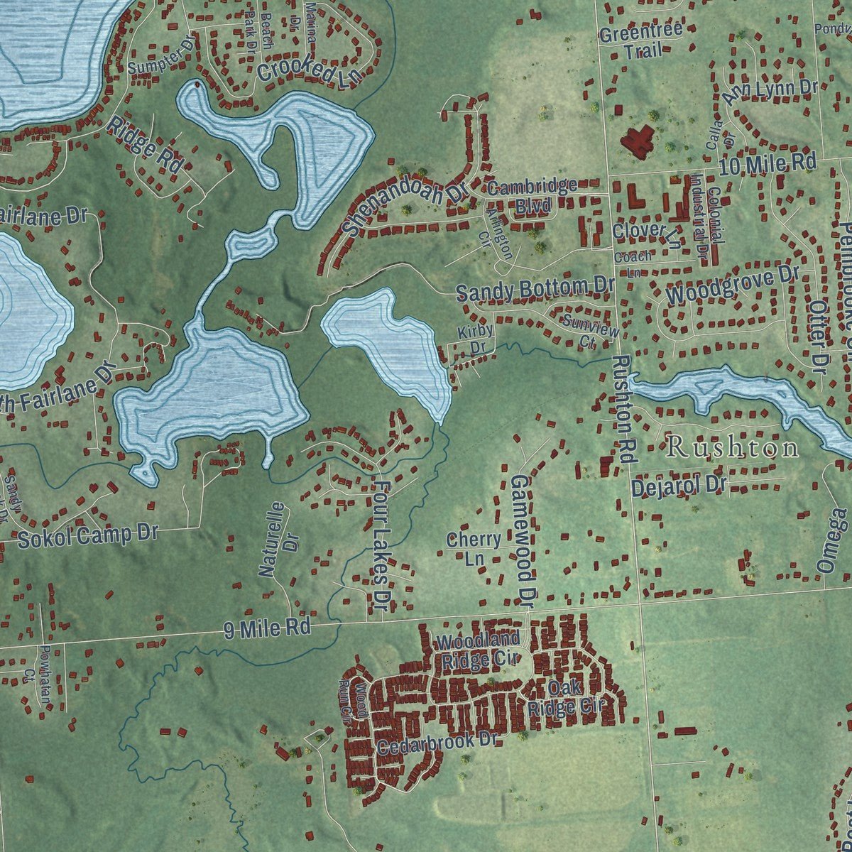 Close-up of the map of Green Oak, Michigan print showing street and building detail