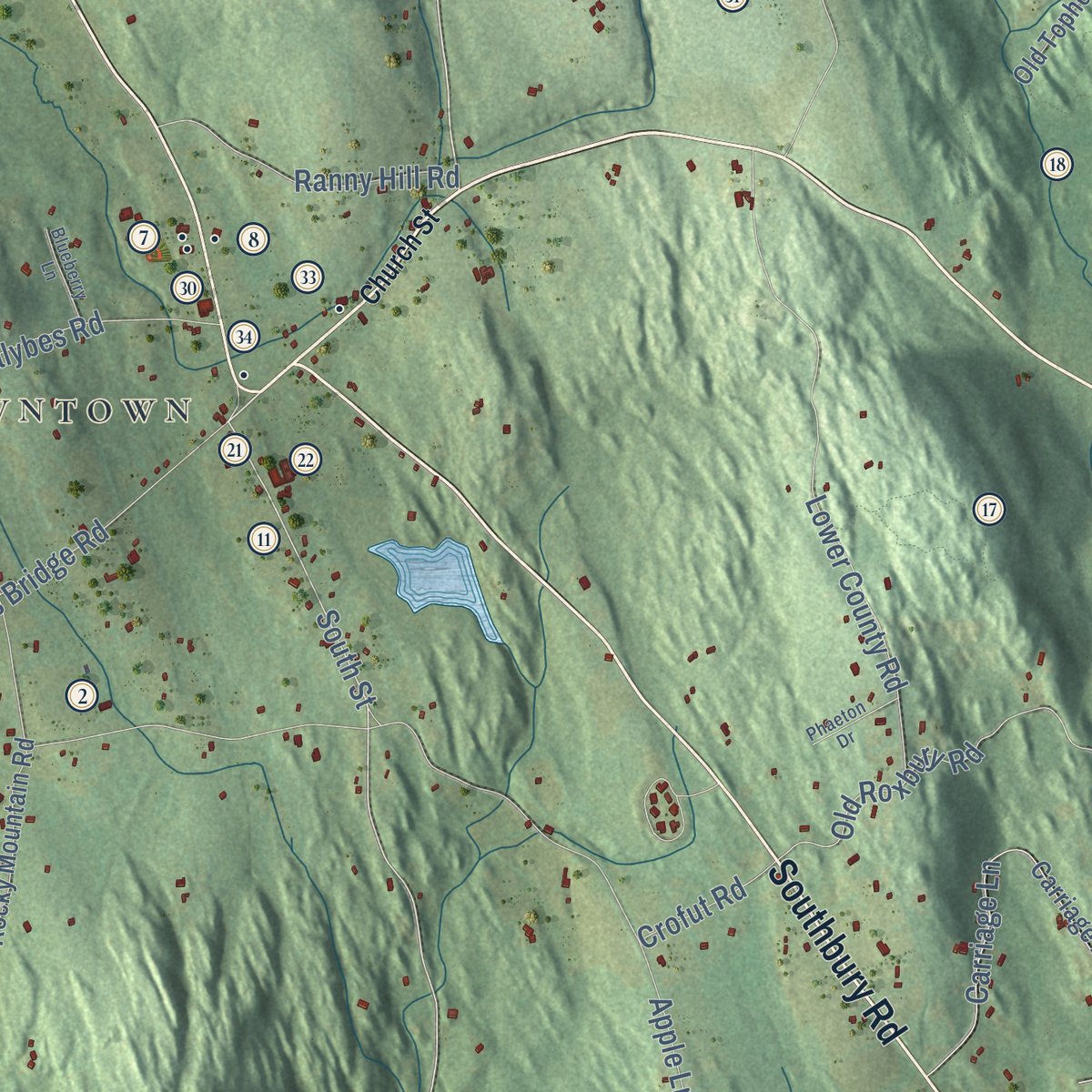 Close-up of the map of Roxbury, Connecticut print showing street and building detail