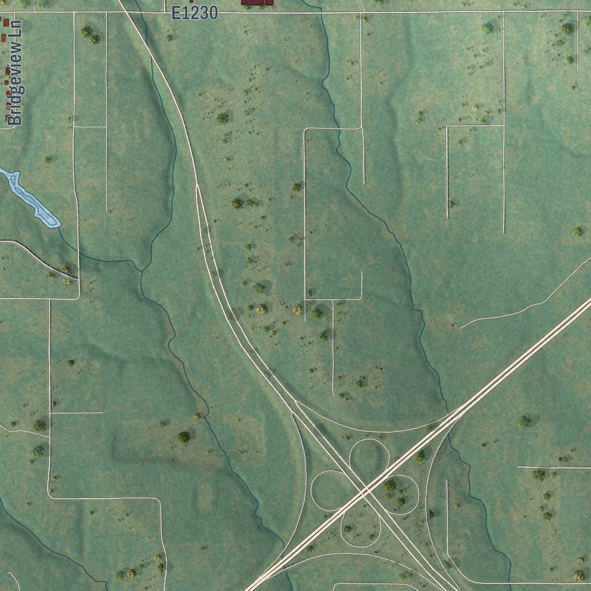 Close-up of the map of Bridge Creek, Oklahoma print showing street and building detail