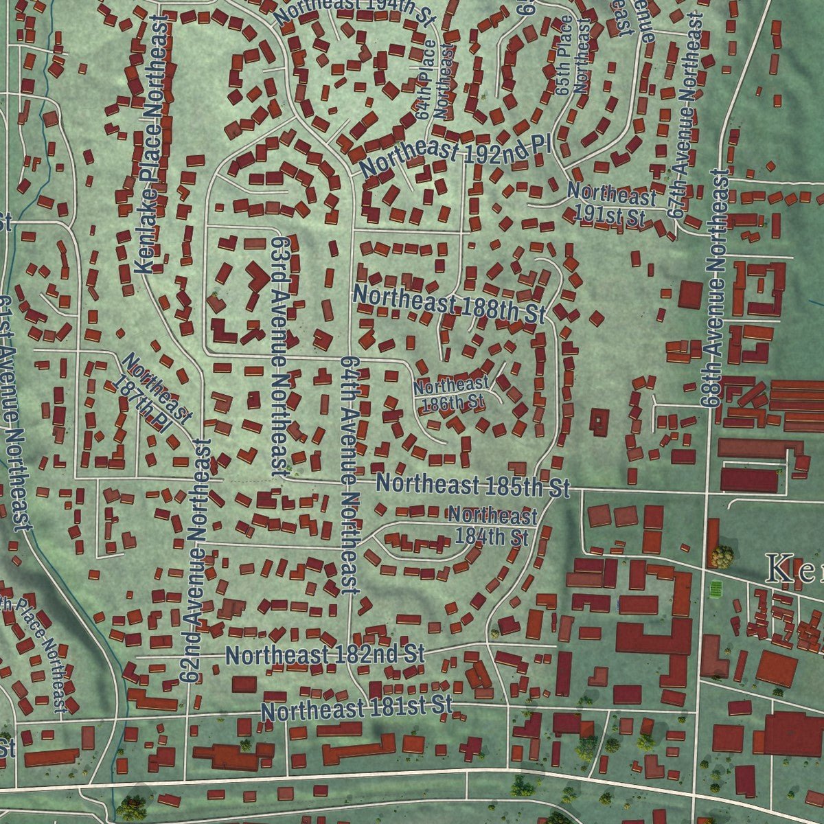 Close-up of the map of Kenmore, Washington print showing street and building detail