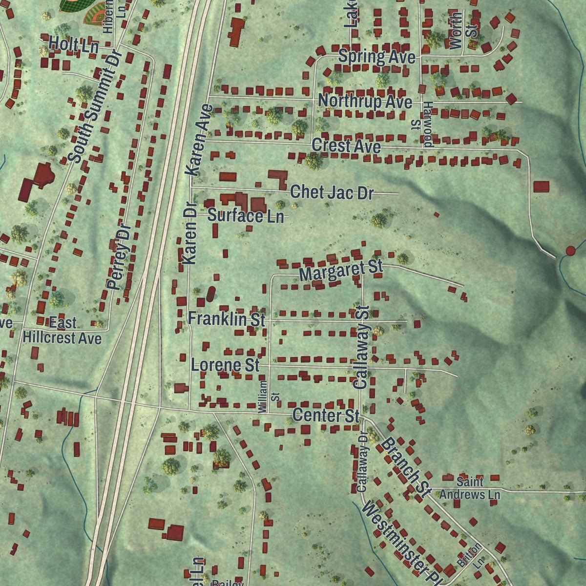 Close-up of the map of Holts Summit, Missouri print showing street and building detail
