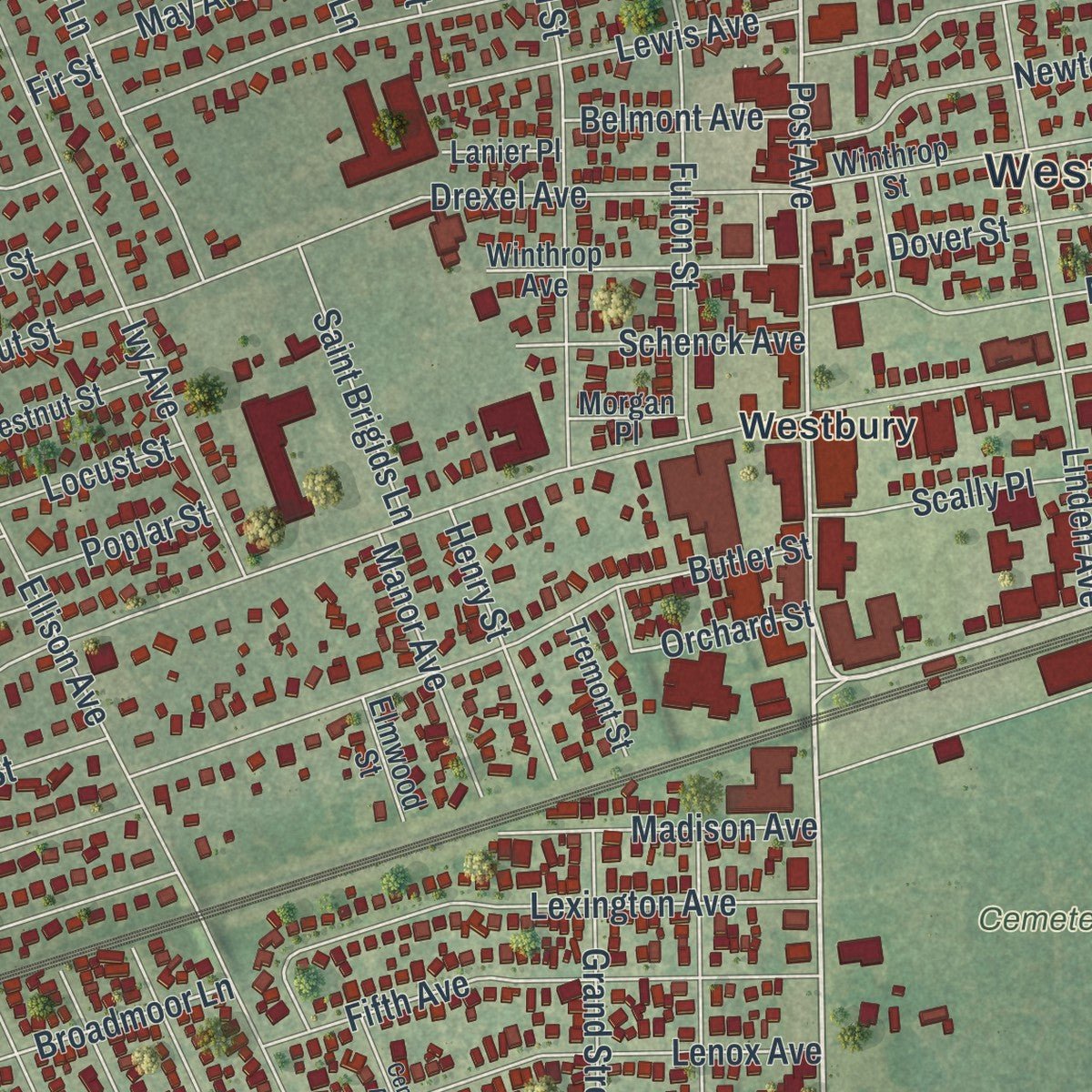 Close-up of the map of Westbury, New York print showing street and building detail
