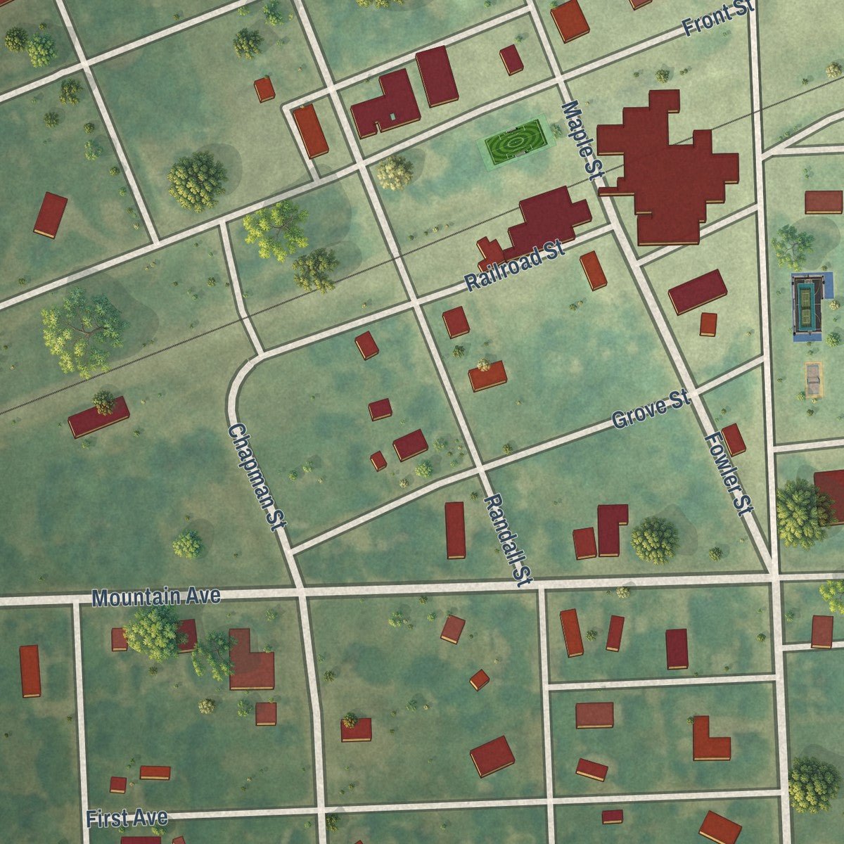 Close-up of the map of Sheldon, North Dakota print showing street and building detail