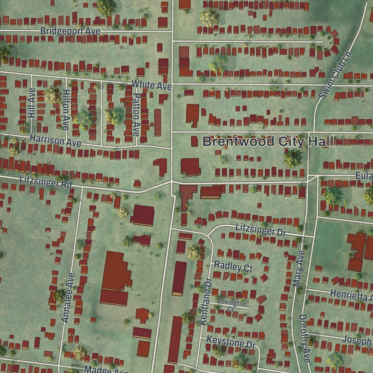 Close-up of the map of Brentwood, Missouri print showing street and building detail