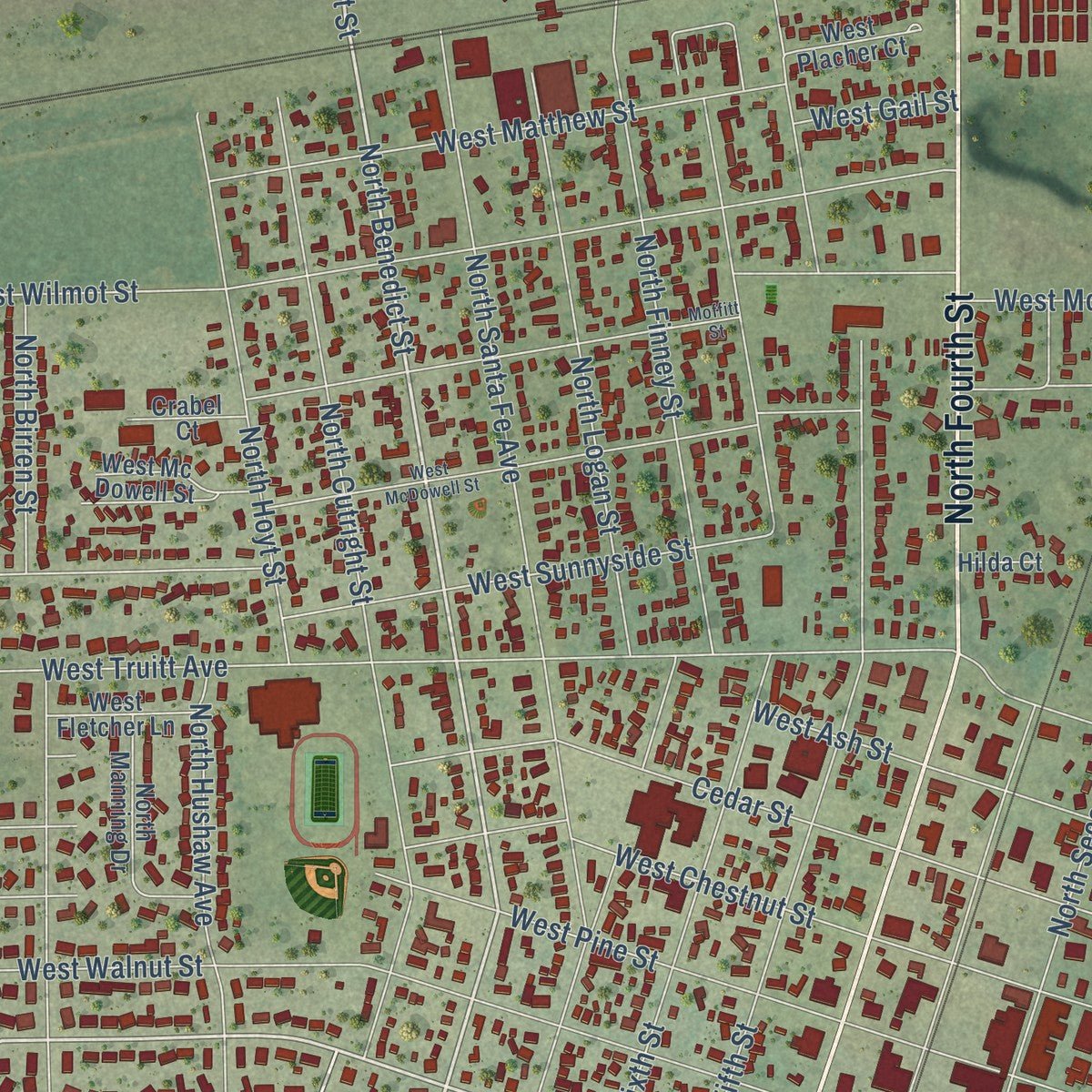 Close-up of the map of Chillicothe, Illinois print showing street and building detail