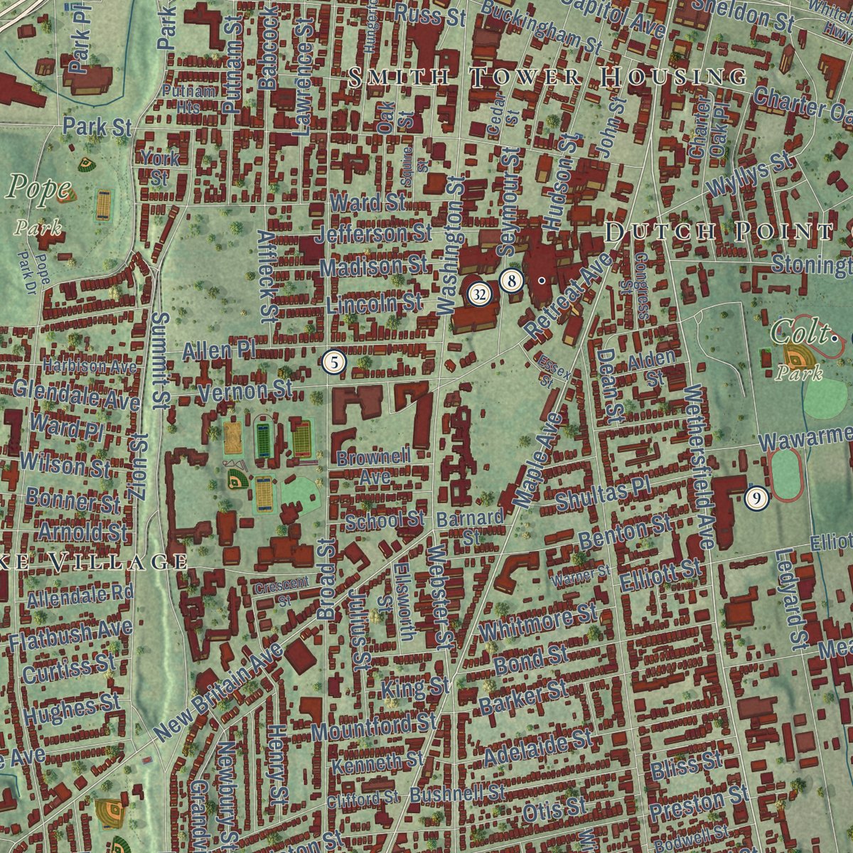 Close-up of the map of Hartford, Connecticut print showing street and building detail