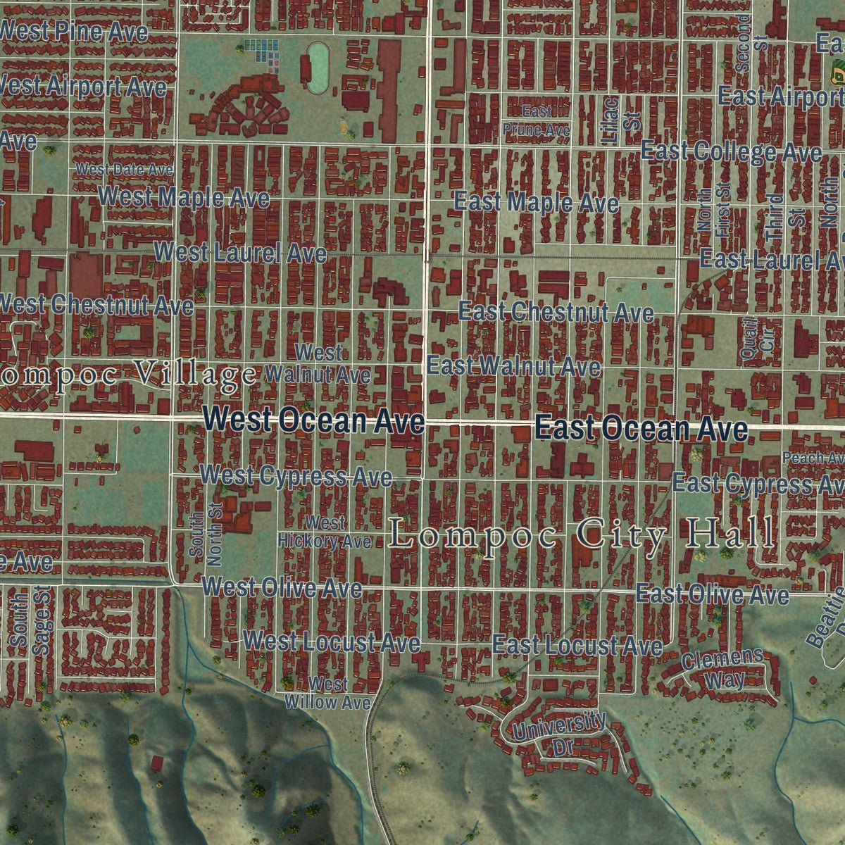 Close-up of the map of Lompoc, California print showing street and building detail