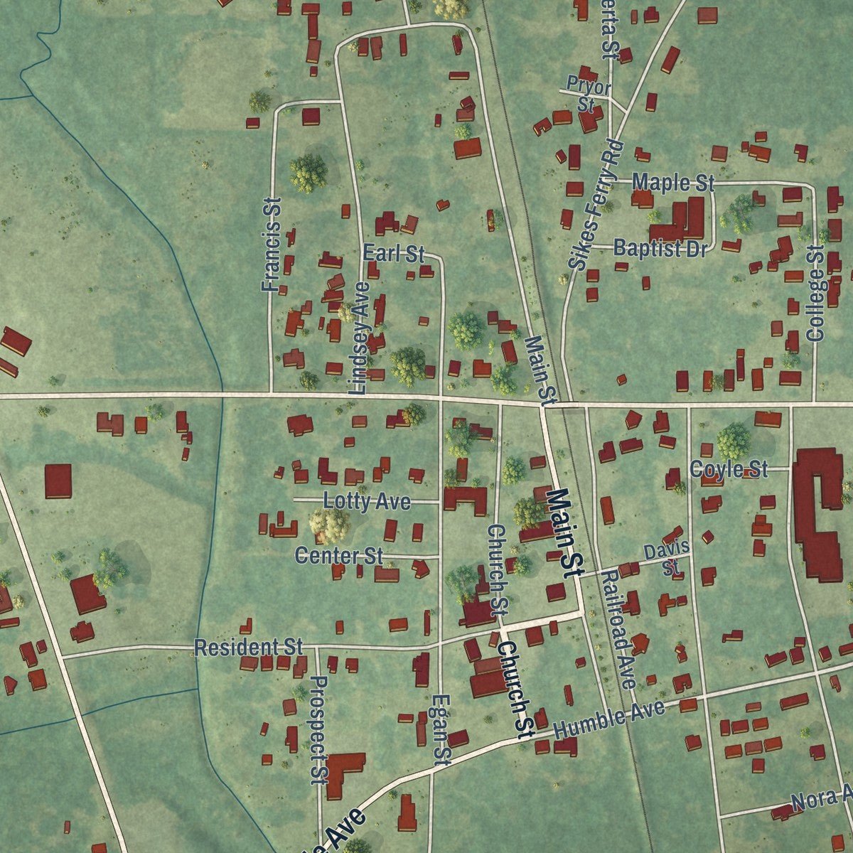 Close-up of the map of Cotton Valley, Louisiana print showing street and building detail