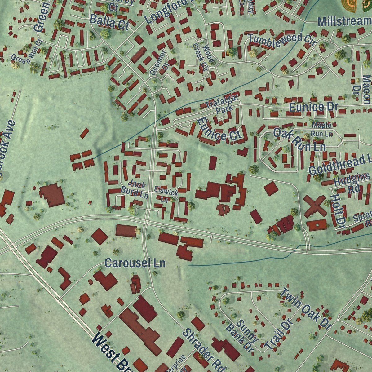 Close-up of the map of Laurel, Virginia print showing street and building detail
