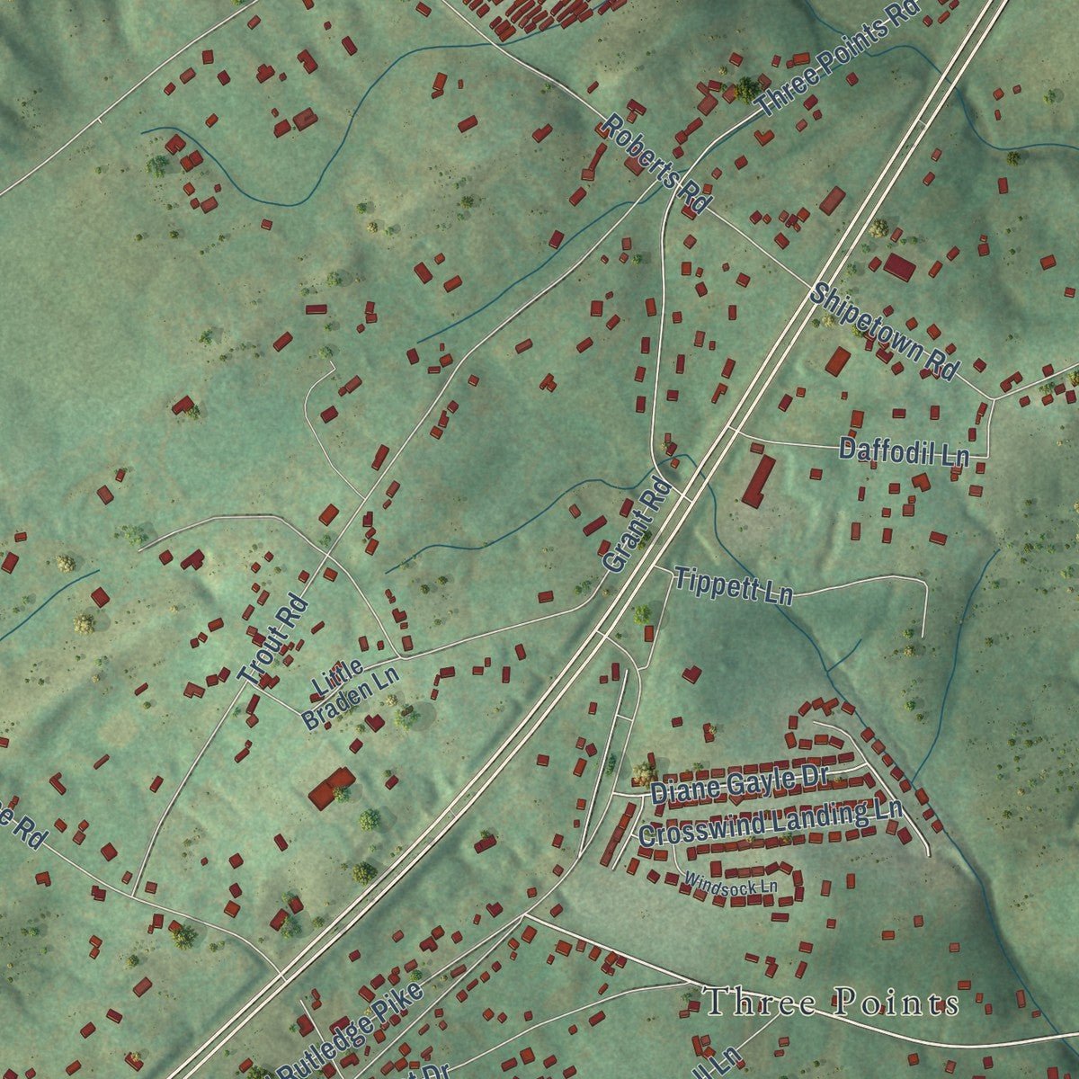 Close-up of the map of Mascot, Tennessee print showing street and building detail