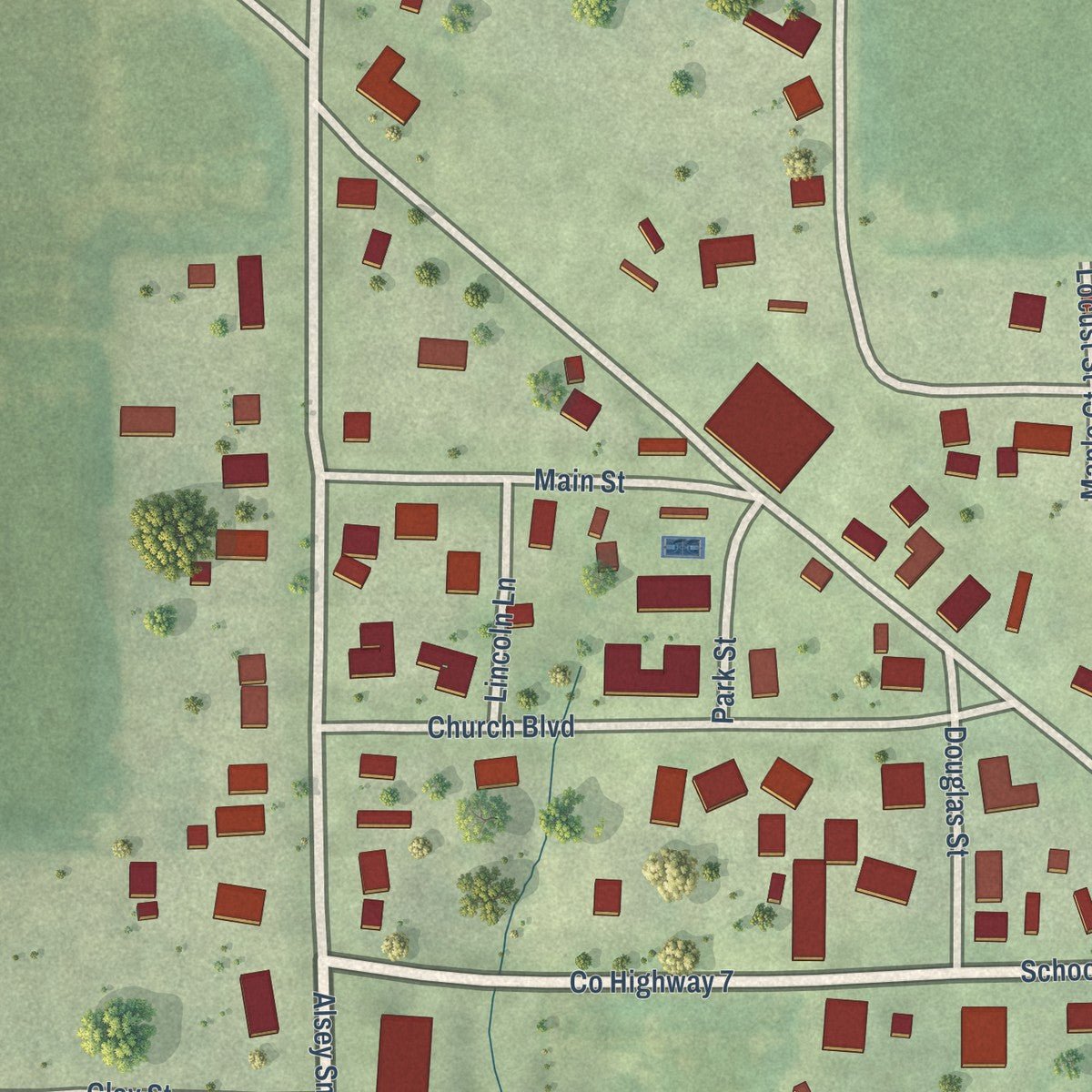 Close-up of the map of Alsey, Illinois print showing street and building detail
