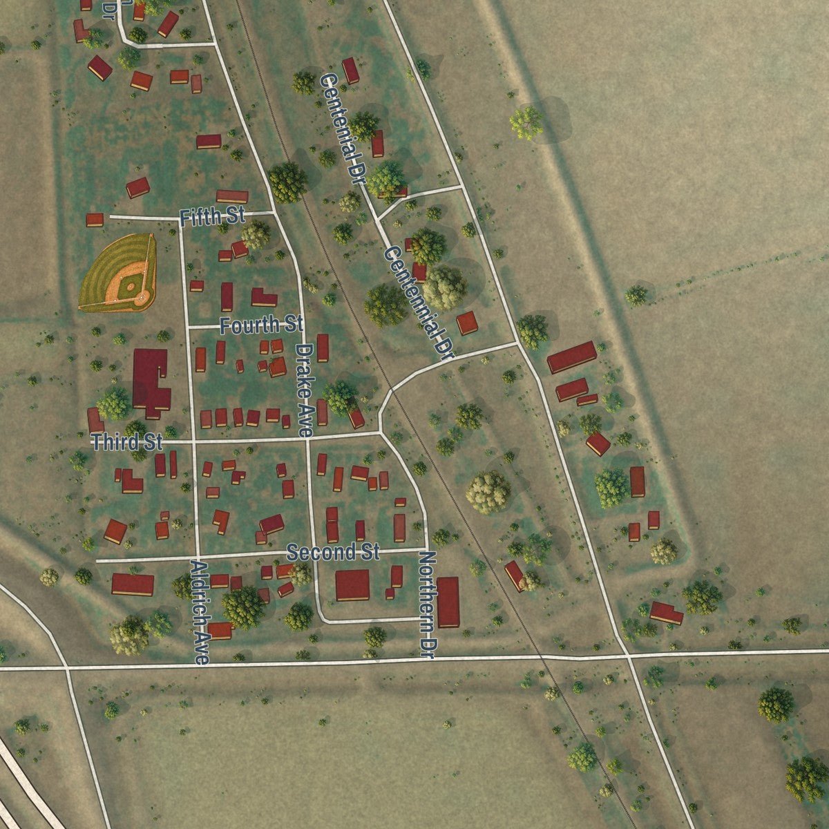 Close-up of the map of Argusville, North Dakota print showing street and building detail