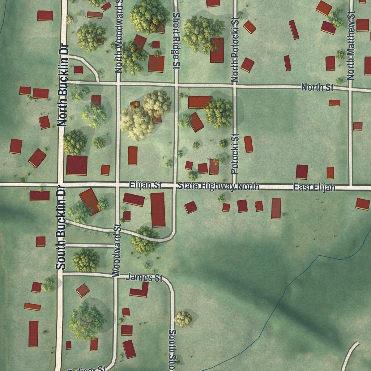 Close-up of the map of Easton, Missouri print showing street and building detail