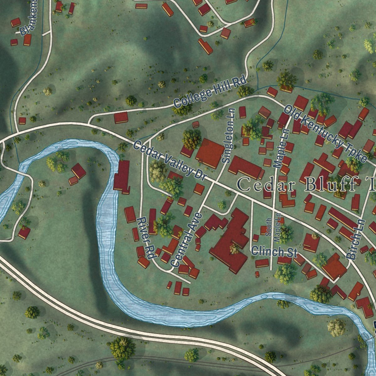 Close-up of the map of Cedar Bluff, Virginia print showing street and building detail