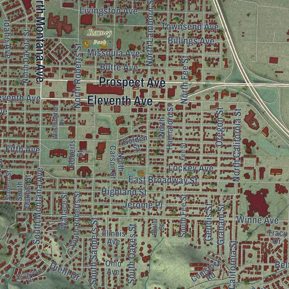 Close-up of the map of Helena, Montana print showing street and building detail
